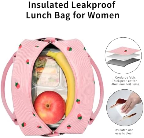 GASSDA Lunch Box for Women Insulated Lunch Bag Women Adult Cute Lunch Bags Reusable Lunchbox Cooler Tote Bag for Work Picnic (Pink-Strawberry)