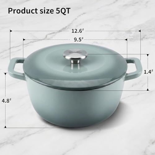 5QT Enameled Cast Iron Dutch Oven,Concave Self-Basting Lid,Green
