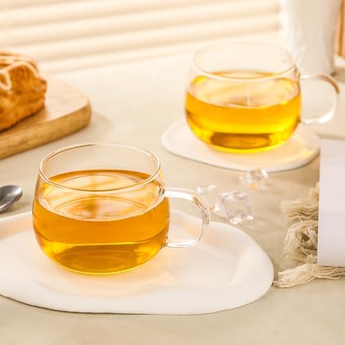 Glass Tea Cups Set of 2, Clear Borosilicate Glass Teacups with Handle for Tealover, Dishwasher & Microwave Safe Large Coffee Mugs for Espresso Cappuccino Latte Juice, 12OZ/360ML