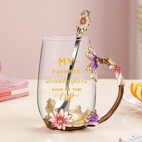OEAGO Grandma Gifts from Granddaughter Tea Cup Birthday Grandparent Gifts Mothers Day Enamel Flower Glass Mugs from Grandkids Grandchildren