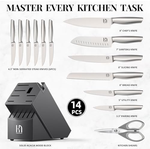 KnifeSaga 14 Pcs Knife Block Set, Premium, Razor Sharp, Japanese Steel