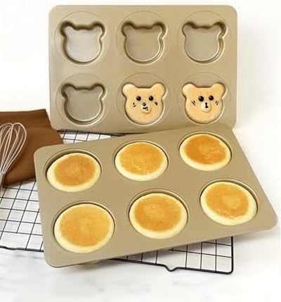 Muffin Top Pan with Lid 3.7inch Jumbo Size, 6 Cup Straight Side Professional English Muffin Cupcake Pan for Baking, Non-Stick Hamburger Bread Forms - Stainless Steel, Gold, Bear Shape