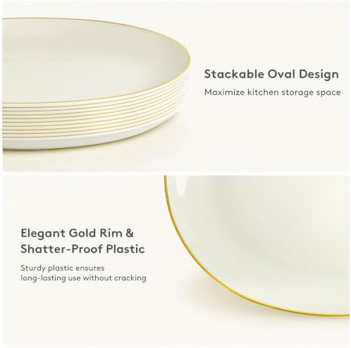 WDF 6Pcs Ivory and Gold Plastic Platters - 10’’ x 12’’ Elegant Ivory Oval Disposable Platters - Heavy Duty Serving Trays for Parties/Weddings/BBQ/Picnic/Dinner Party