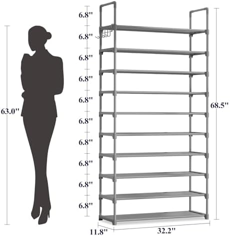 Kitsure 10 Tier Shoe Rack, Tall Shoe Organizer, 32.2" Wide, Gray