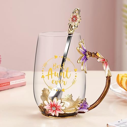 OEAGO Gifts for Aunt from Niece Nephew Tea Cup Cool Birthday Gift Enamel Flower Glass Mugs Christmas Mothers Day New Aunt Announcement Promoted