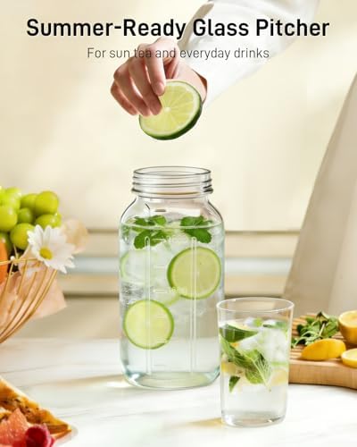 64 oz Mason Jar Pitcher, Glass Pitcher with Lid for Sun Tea & Iced Tea