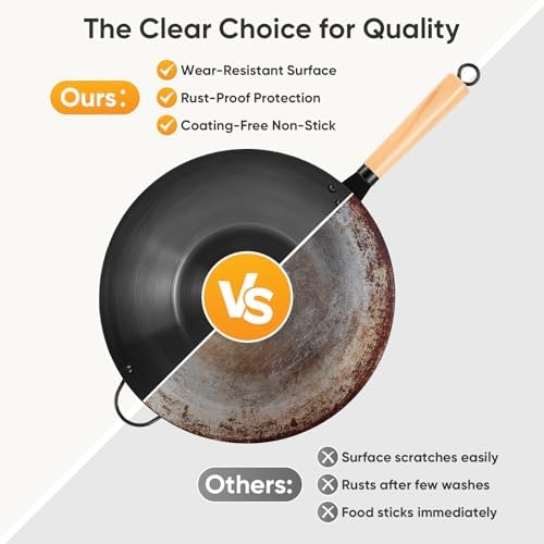 NEWBULIG 13.5" Carbon Steel Wok Pan, Pre-Seasoned Flat Bottom Wok for Stir Fry, BBQ, Grill & Camping, Compatible with Induction, Electric, Gas and Open Fire, Black