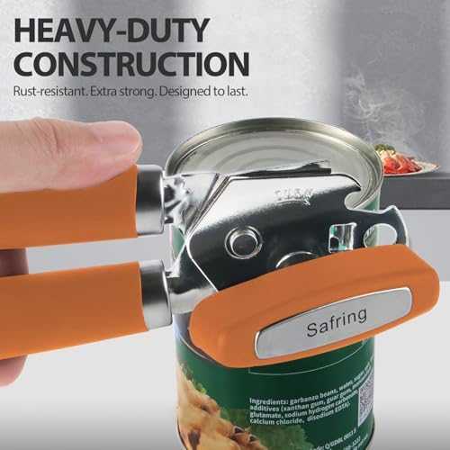 Safring Can Opener Manual, Heavy Duty Handheld Strong Can Opener with Soft Touch Handle, Sharp Blade Smooth Edge, Can Openers with Multifunctional Bottle Opener, Orange