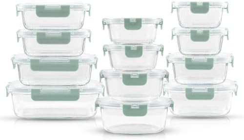 JoyJolt 24pc Borosilicate Glass Storage Containers with Lids | 12 Airtight/Freezer Safe Food Storage Containers for Pantry and Kitchen | Meal Prep Container for Lunch | Glass meal Set