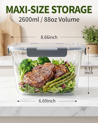 2 Pack 88oz/11 Cups Large Glass Storage Containers with Lids, High Borosilicate BPA Free Airtight Leakproof Meal Prep Containers for Microwave, Freezer & Dishwasher, Kitchen, Gym & Picnic,Baking
