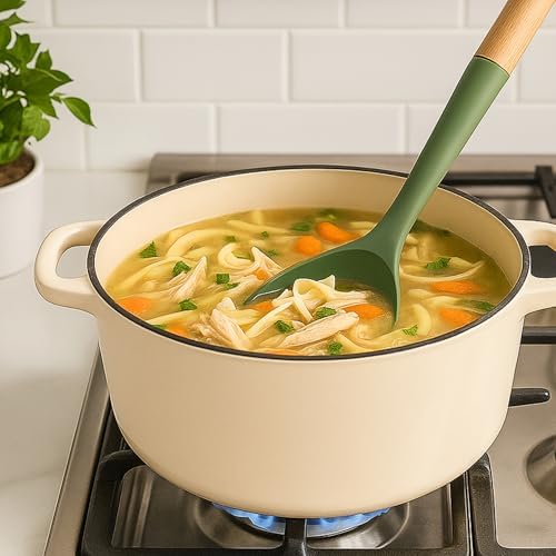 Beille 1pc Solid Cooking Spoon Beech Wood and Silicone Kitchen Utensils Meal Prep Baking Supplies Home Essentials, Olive Green