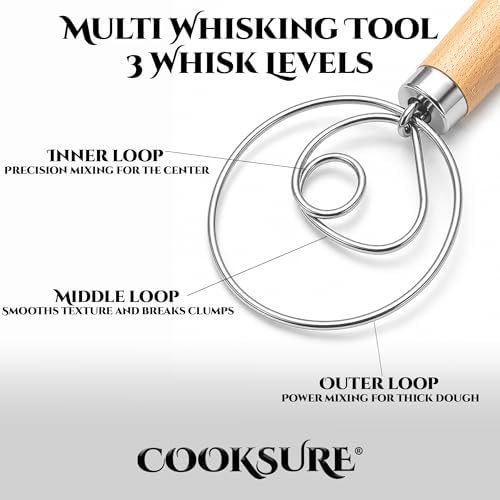 Danish Dough Whisk for Sourdough Bread – 13 Inch Bread Whisk with Wooden Handle – 304 Stainless Steel Hook for Heavy Dough Baking, Swedish Dough Whisk Tool