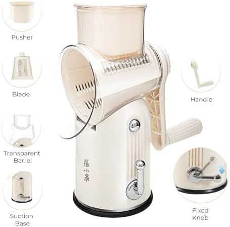 5 in 1 Rotary Cheese Grater, Beige Hand Crank Vegetable Cutter with 5 Stainless Steel Interchangeable Blades, Mandoline Slicer for Potatoes Onions Veggies Nuts