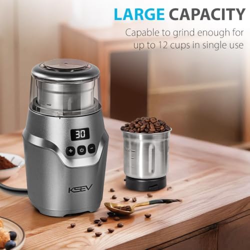 Digital Display Timer Electric Coffee Grinder, 150W Herb Grinder, Large Capacity Up to 12 Cups, Whisper Quiet, Safety Lock Feature, Removable Stainless Steel Cup for Spices, Herbs, Nuts (Silver)