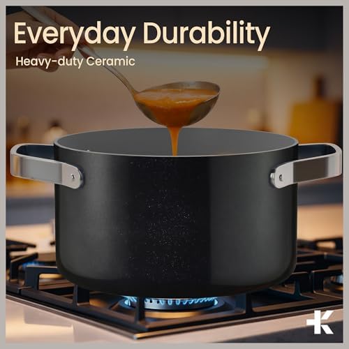 Bakken 16 Quart Ceramic Coated Stock Pot with Lid, Easy Clean Nonstick Pot, Tempered Glass Lid, Riveted Stainless Steel Handles, Oven Safe Up To 500°F, PTFE & PFAS Free, All Stove Compatible, Black