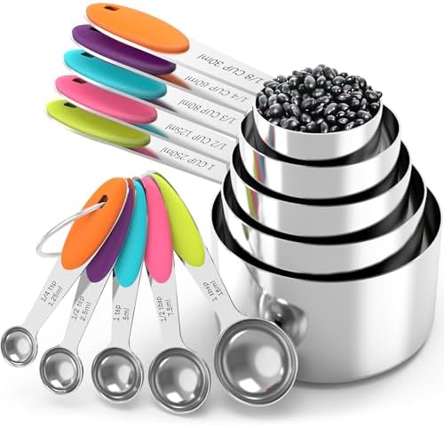TILUCK Nesting Measuring Cups and Spoons Set, Stainless Steel with Soft Silicone Handle – Heavy Duty & Dishwasher Safe for Measuring Dry/Liquid Ingredients, Ideal for Cooking & Baking (10)