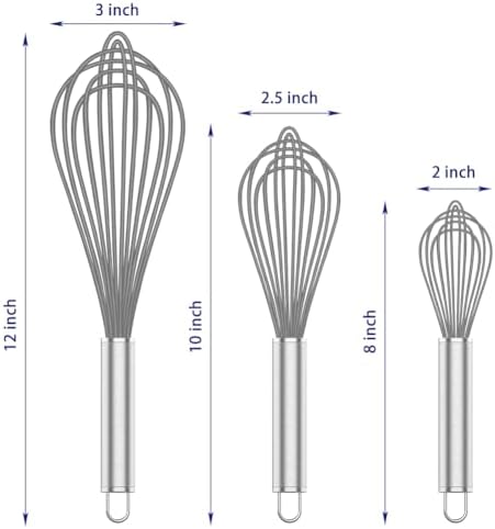 OYV Grey Silicone Whisk Set of 3, 8/10/12 Inch, Non-Scratch
