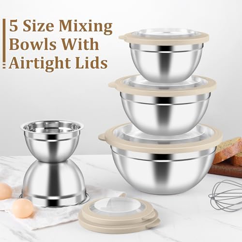 P&P CHEF Metal Mixing Bowls with Lids Set, Visible Airtight Lids & Khaki
