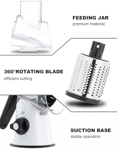 Cheese Grater Rotary, Rotary Grater for Kitchen, Kitchen Grater Vegetable Slicer with 3 Drum Blades, Fast Cutting Cheese Shredder for Vegetables and Nuts