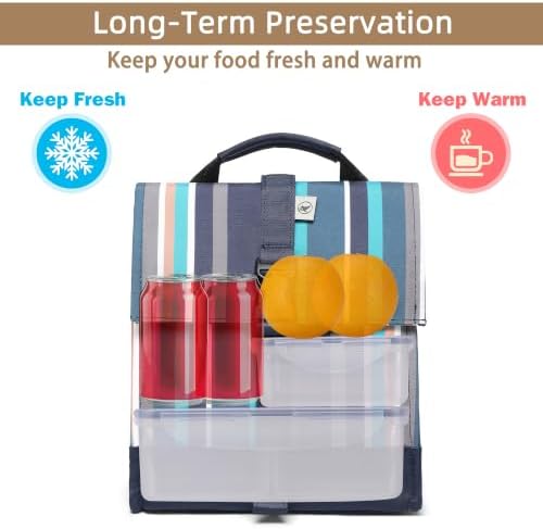 SUNNY BIRD Insulated Lunch Bag Rolltop Lunch Box Tote Bag for Women, Men, Adults and Teens (Navy Teal Stripe)