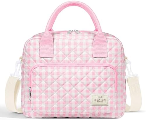 WOBAGMEN Quilted Lunch Box for Women, Insulated Lunch Bag for Adult, Cute Lunch Tote Bags for Work Picnic Travel (Pink Gingham, M)