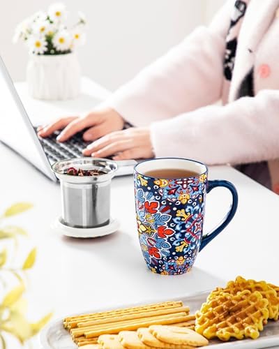 vancasso Ceramic Tea Mug with Infuser and Lid, 18 Ounce Bohemian Loose Leaf Cup, Microwave & Dishwasher Safe, Perfect for Tea, Coffee, Royal-Crimson Flourish