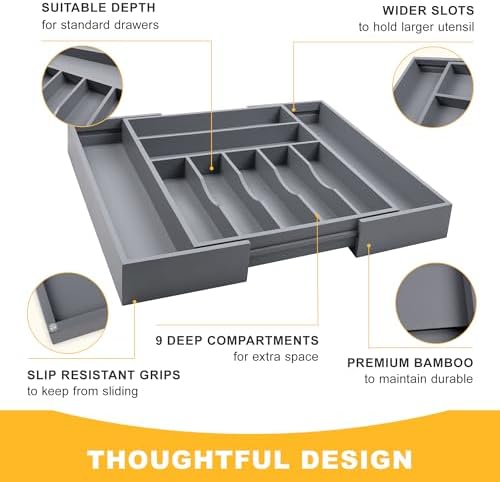 Large Premium Bamboo Silverware Organizer - Expandable Drawer Organizer & Utensil Organizer - 17"x19.7" Cutlery Tray with Dividers for Kitchen Utensils and Flatware (7-9 Slots) (Grey)