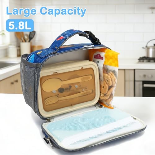 FlowFly Kids Lunch box Insulated Soft Bag Mini Cooler Back to School Thermal Meal Tote Kit for Girls, Boys, Colorful-Shark