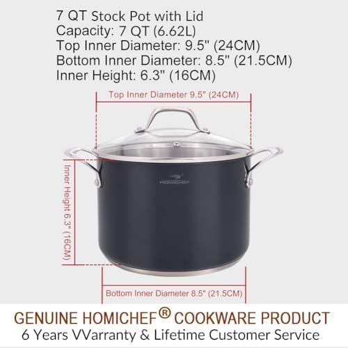 HOMI CHEF Navy Gray NICKEL FREE Stainless Steel 7 Quart Stock Pot with Glass Lid (Non Coating, 9.5 Inch) - No Toxic 7 qt Stockpot With Lid