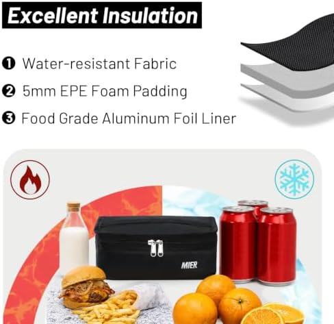 MIER Small Lunch Bag for Kids & Adults Compact Insulated Lunch Box, Black