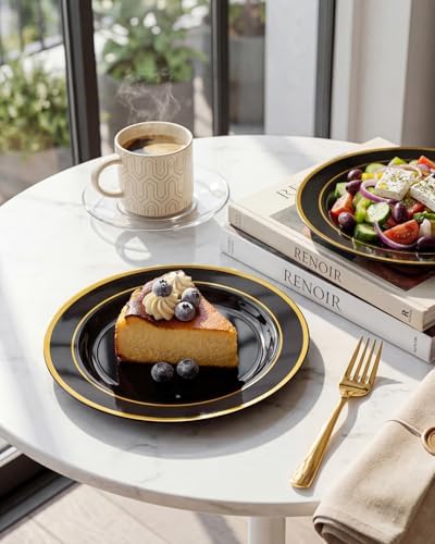 bUCLA 200PCS Black and Gold Plastic Plates - 6.25inch Black with Gold Rim Disposable Dessert/Salad/Appetizer/Small Cake Plates - Ideal for Party & New Year