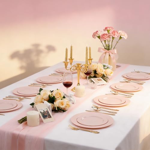 FLOWERCAT 100PCS Pink Plastic Plates - Heavy Duty Pink Party set Disposable serve for 50 guests -10 inch Dinner + 7 inch Dessert/Salad Plates for Easter,Birthday Party,Mother's Day