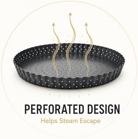 10 Inch Perforated Quiche Pan for Crispy Crust. Removable Bottom, Non-Stick Coating, Rugged Carbon Steel Dish for Tart Quiche Pie Baking. Gift for Christmas Thanksgiving Party