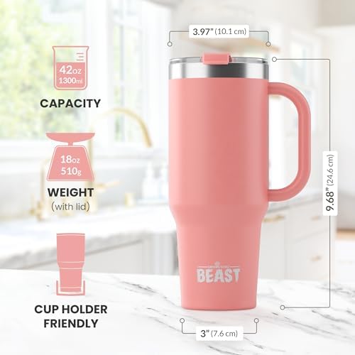 Beast 42 oz Tumbler with Handle Stainless Steel Vacuum Insulated Coffee Ice Cup Double Wall Travel Flask (Blossom Pink)