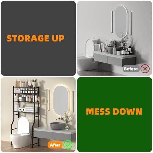 GloTika 4-Tier Over Toilet Storage, Anti-Tilt, 64" H, Black