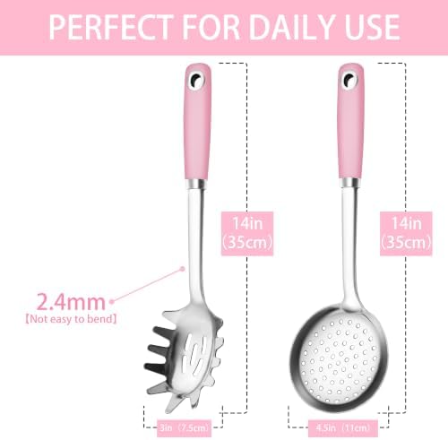 18/0 Stainless Steel Spaghetti Spoon & Slotted Spoon for Cooking, Heavy Duty Frying Pink Spoon Pasta Strainer Skimmer, Cooking Utensils Commercial and Residential Use, Pack of 2