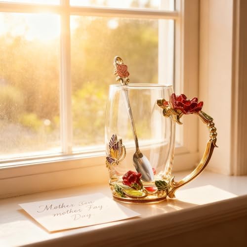 Handicraft Crystal Glass 3D Flower Cups Tea Mug With Tea Spoon Women Coffee, Tea, Juice, Beer, Milk Hot And Cold Drinks Use Gift Package. (Red Rose-Tal)
