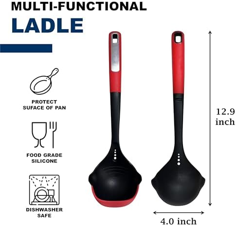 Premium Heat-Resistant Ladle with Silicone Edge- Ideal for Cooking & Non-Stick Cookware Ladle, Red