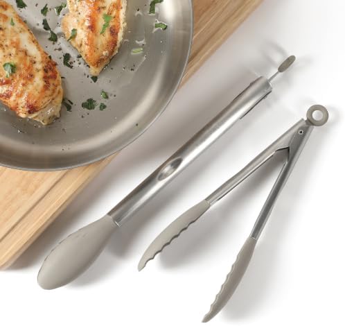 Calphalon Edge Tongs Set, 2-Piece Stainless Steel Kitchen Tongs Set with Silicone Heads, Includes 9-Inch & 12-Inch Heat-Resistant Locking Tongs for Cooking, Grilling & Serving, Taupe