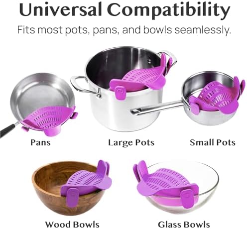 Kitchen Gizmo Snap N Strain Pot and Pasta Strainer - Strainers and Colanders - Adjustable Silicone Clip On Strainer for Pots, Pans, and Bowls - Kitchen Colander - Purple (Pack of 2)