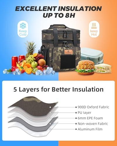 Expandable XLarge Tactical Lunch Box for Adults, Waterproof Insulated Lunch Bag with Lots of Storage Space, Durable Cooler Bag for Men Women Work Outdoor Picnic Trips, 22L(Black-Camo), HSHRISH