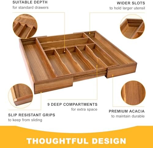 Large Premium Acacia Silverware Organizer - Expandable Drawer Organizer & Utensil Organizer - 17"x19.7" Cutlery Tray with Dividers for Kitchen Utensils and Flatware (7-9 Slots) Acacia