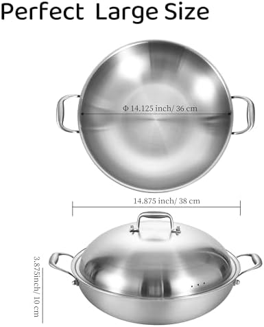 14.5 Inch Stainless Steel Wok with Steel Lid | Jumbo Cooker | Dual Handles