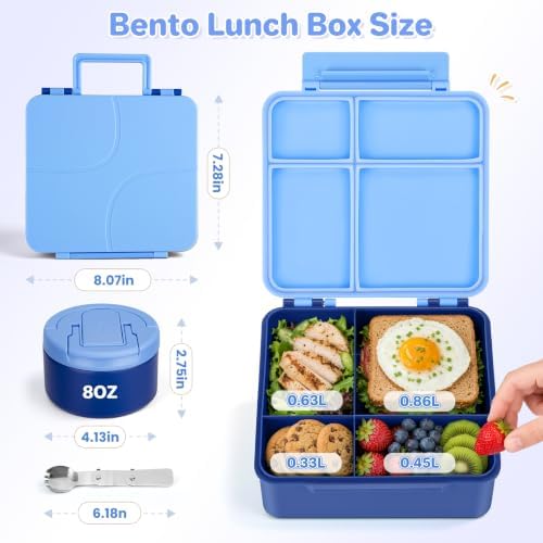 Bento Lunch Box for Kids with 8oz Soup Thermo,Kids Leakproof Lunch Food Containers with 4 Compartment,Kid Insulated Thermo Hot Food Jar for School,Trvael-Blue