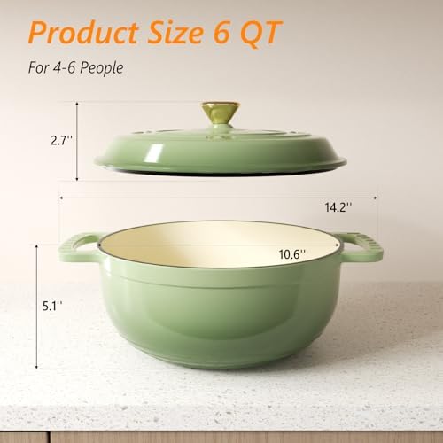 Bonnlo 6QT Round Dutch Oven, Enameled Cast Iron Dutch Oven Pot with Lid & Dual Handles, Oven Safe Up to 500° F, for Sourdough, Bread Baking, Stews and Roasting, Green