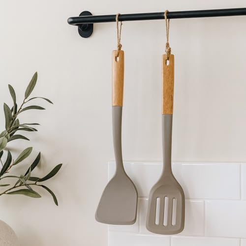 Beille 6pc Beech Wood and Silicone Kitchen Utensils Set Cooking Baking Supplies Home Essentials, Light Grey
