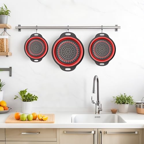 Collapsible Colander 3-Pack Set Space-Saving Foldable Kitchen Strainer with Non-Slip Base Durable Thickened PP+TPE Collapsible Strainers for Pasta, Vegetables, Fruits (Gray-Red)