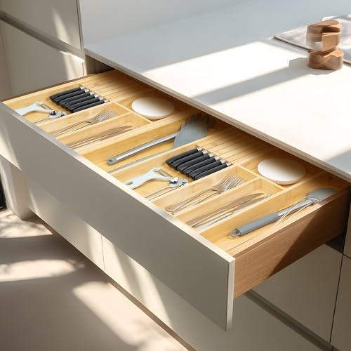 VaeFae Bamboo Silverware Drawer Organizer, 6 Slots, Natural