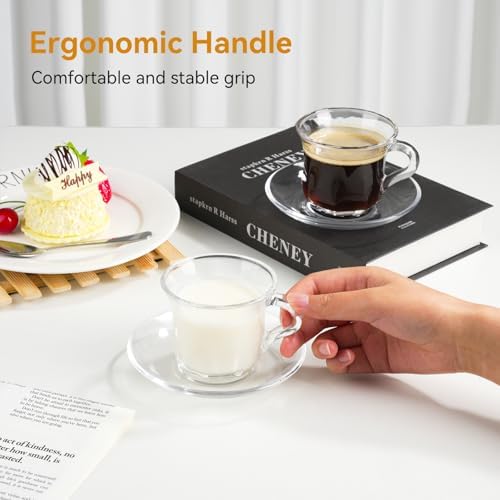 Glass Tea Cups and Saucers Set of 6, Clear Coffee Mugs with Stainless Steel Spoon, Dishwasher & Microwave Safe Teacups for Espresso Cappuccino Latte Tea Juice, 6OZ/180ML