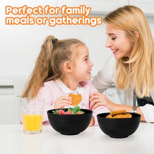 Unbreakable Cereal Bowls Set of 8, 26 Oz Wheat Straw Bowl Sets, Microwave & Dishwasher Safe Bowls for Kitchen, Reusable Plastic Bowl for Soup, Salad, Rice, Snack, BPA Free, Balck